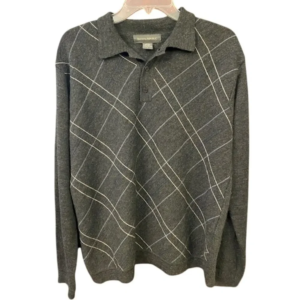 Banana Republic Sweater Men Medium 100% Wool Quarter Button Dark Gray Light Gray